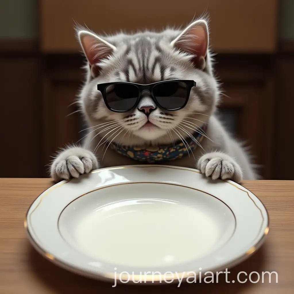Cute-Silver-Shaded-Cat-with-Black-Sunglasses-and-Scarf-at-Dining-Table