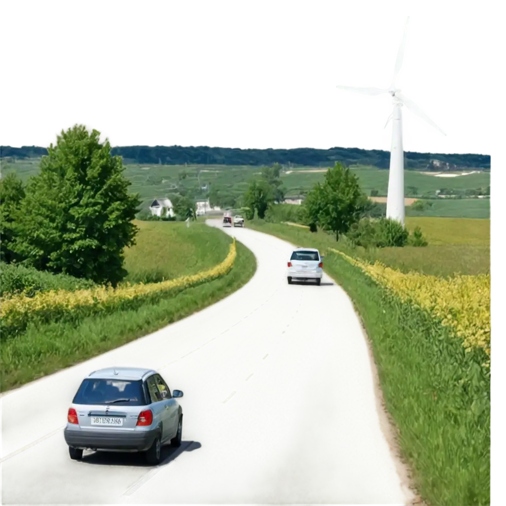 Stunning-PNG-Image-of-a-Car-Driving-Through-Scenic-Green-Fields-Trees-Windmills-and-a-Power-Plant