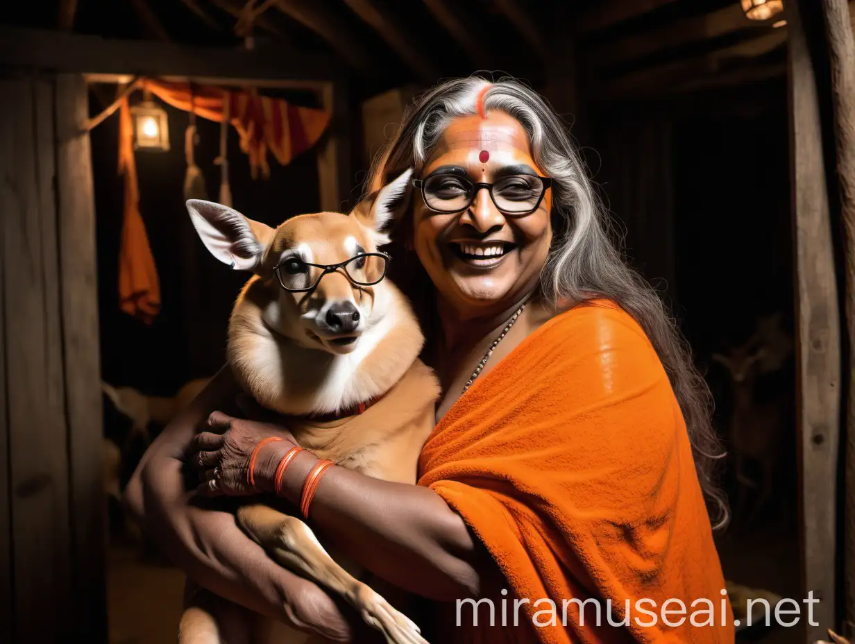 Spiritual Indian Hindu Woman Smiling with Dog and Muscular Man in Cottage