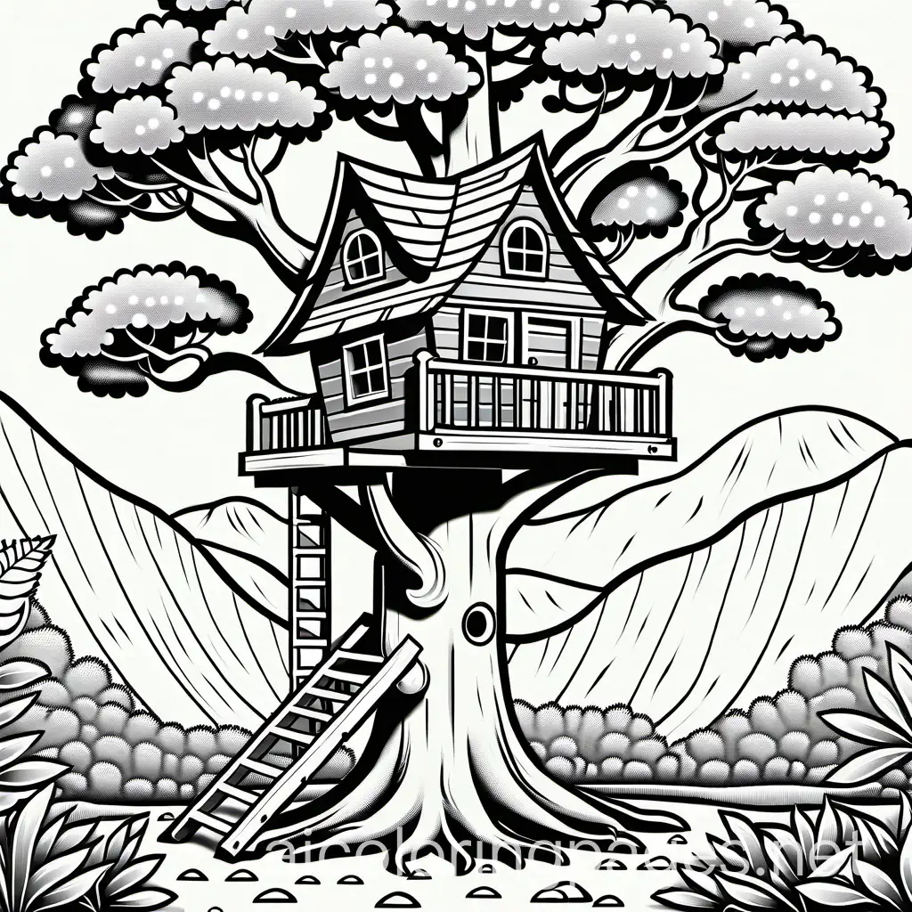 A boy building a treehouse, Coloring Page, black and white, line art, white background, Simplicity, Ample White Space. The background of the coloring page is plain white to make it easy for young children to color within the lines. The outlines of all the subjects are easy to distinguish, making it simple for kids to color without too much difficulty