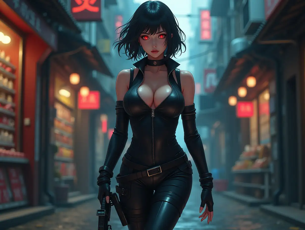 Short hair, mature Asian woman thief cyber runner in a dynamic full-length pose, eyes with red electronic pupils, large breast, extreme skintight body glove zipped down with cleavage, combat boots and combat belt. Full view of her body from boots up, low wide angle. Future store filled city alley street. Anime