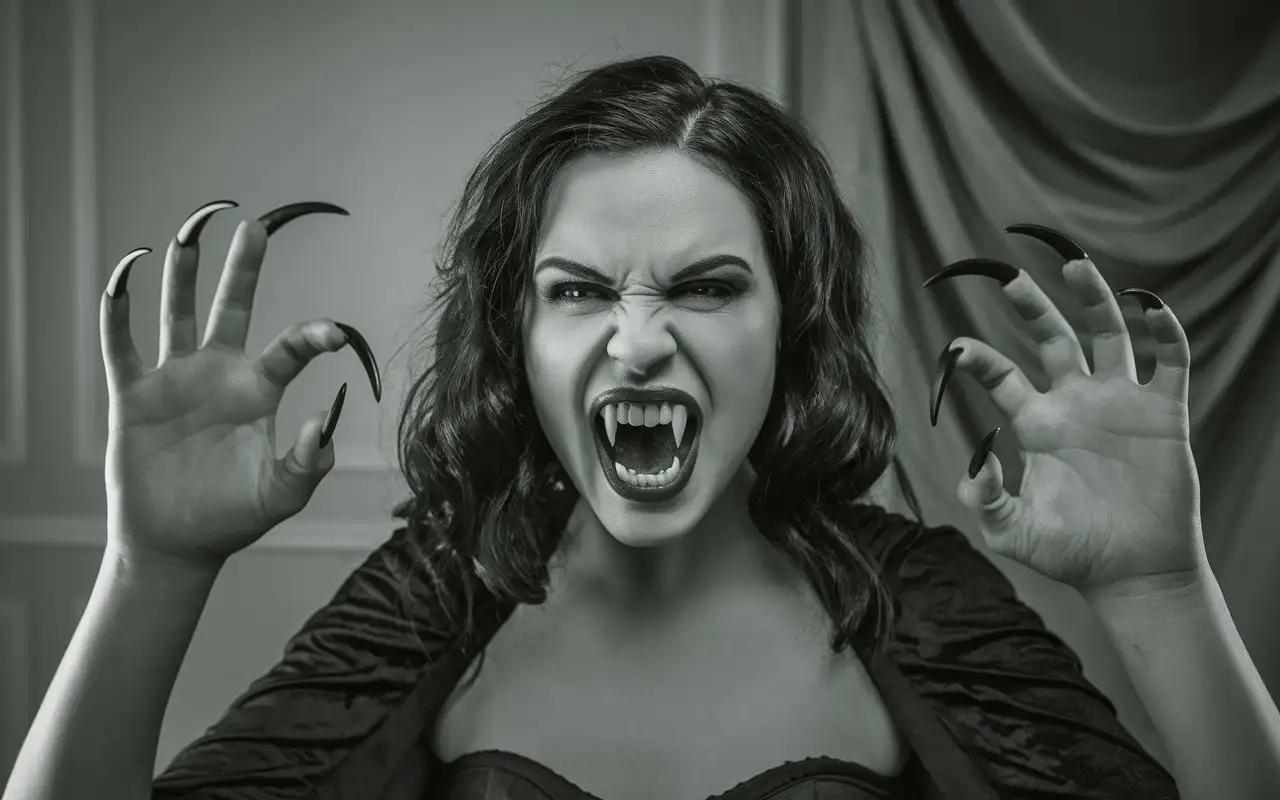 Woman-Styled-as-a-Vampire-with-Sharp-Fangs-and-Black-Claws