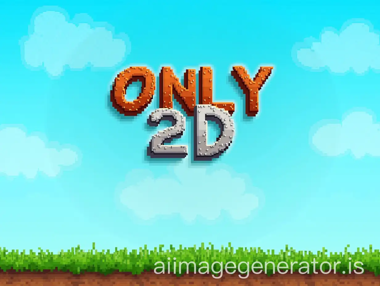 A video game menu background in pixel art, with a clear blue sky dotted with white clouds in the background. In the foreground, the text 'Only 2D' in pixelated typography, slanted, with a texture of earth and grass on the letters and located above the image. The title is highlighted with shadows and a bright outline, creating a dynamic effect.