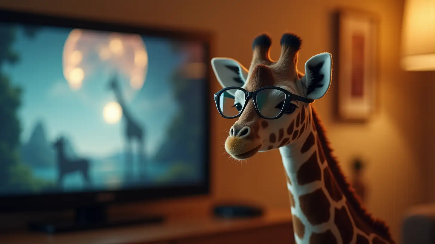 little giraffe with glasses watching tv