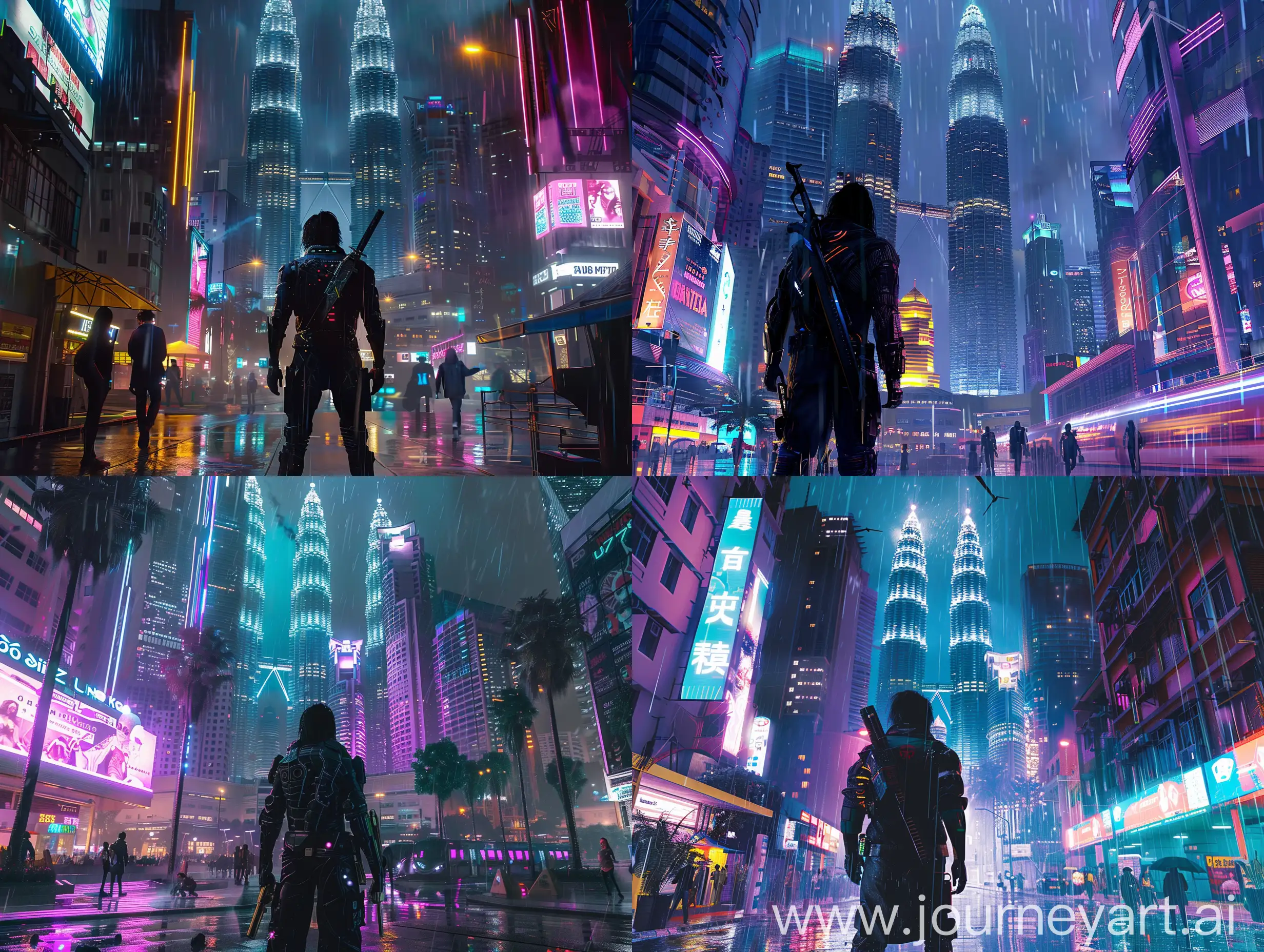 Cyberpunk-Samurai-with-Katana-and-Gun-overlooking-Futuristic-Kuala-Lumpur