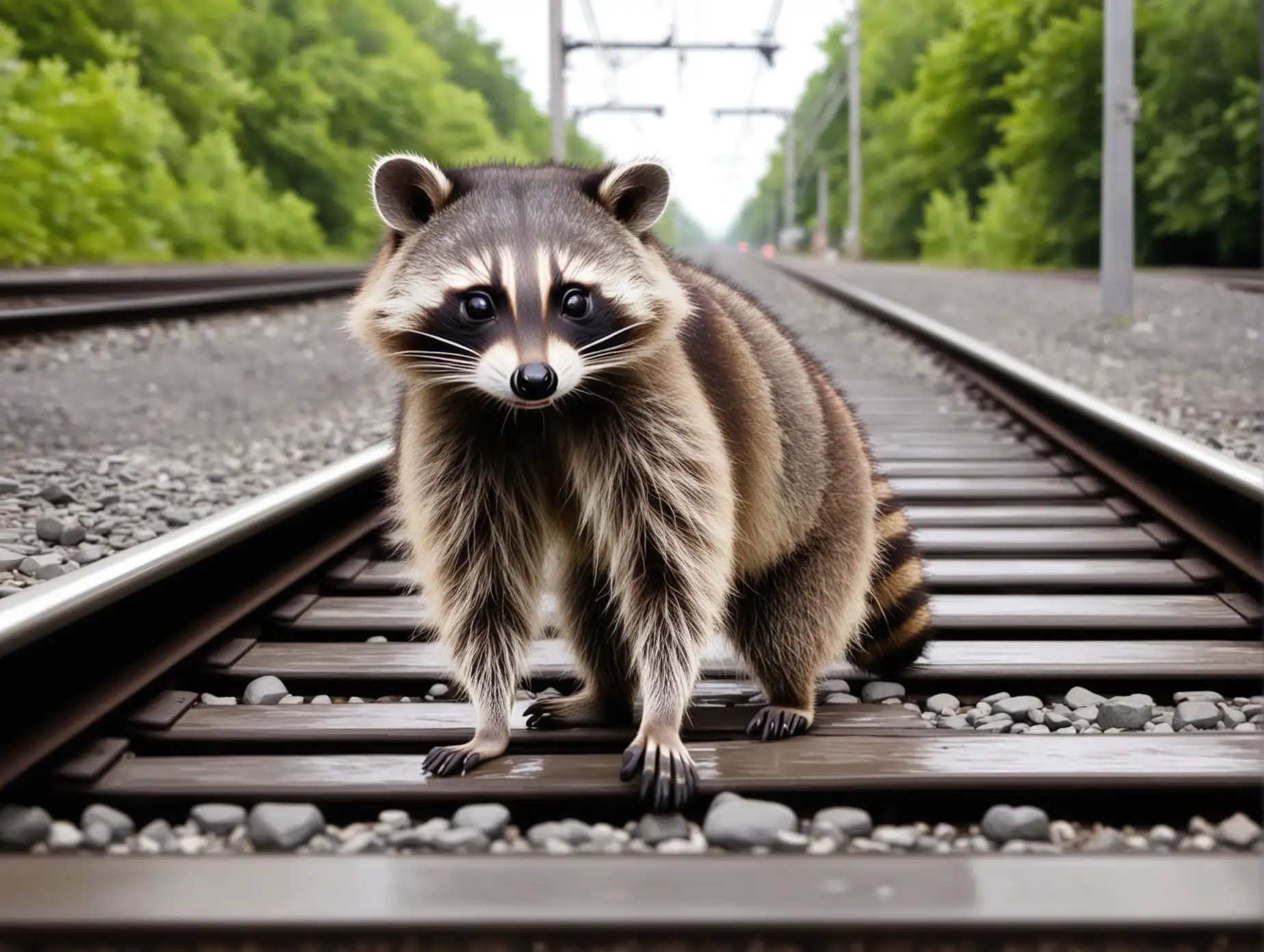 Curious Raccoon Investigating Train Tracks