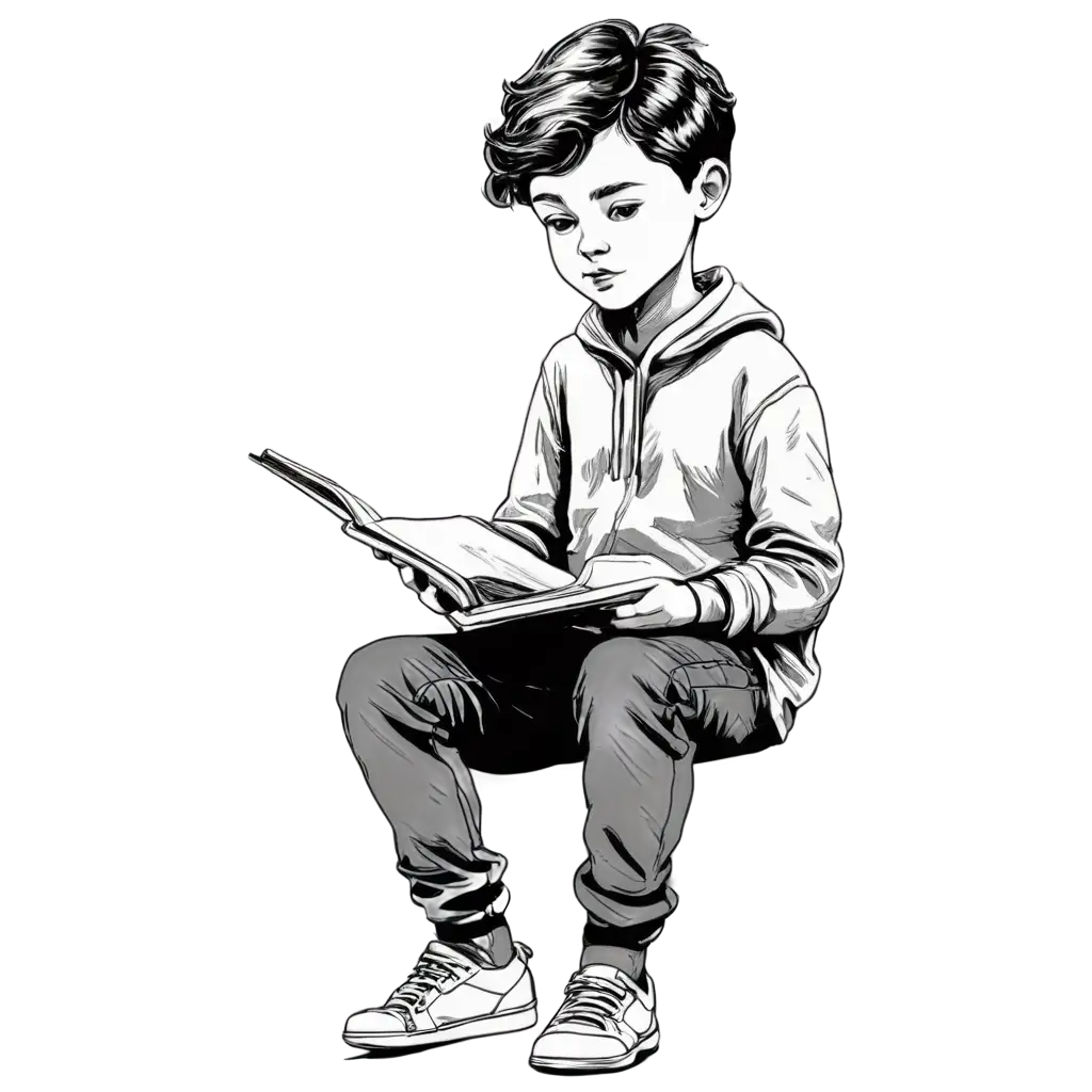 Generate black-and-white, hand-drawn 2D illustrations of boy studying, reading books, or taking notes, in a sketch style similar to classic pen-and-ink drawings. The artwork should be simple, with fine lines and subtle details, capturing a modern yet timeless feel that complements the clean, geometric aesthetic of the website