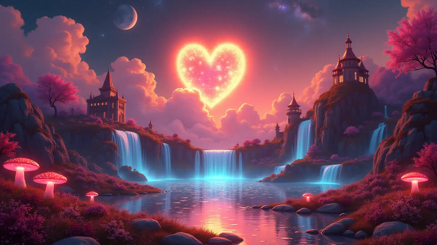 HeartShaped Clouds Over a Magical Castle Surrounded by Neon Landscapes