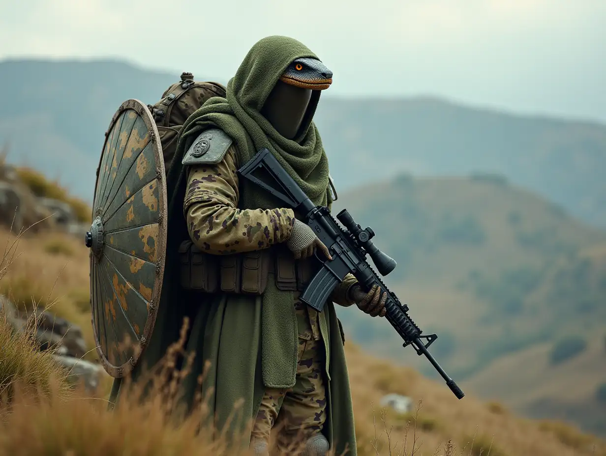 a snake person in full military camouflage with a shield,rifle,on a hill