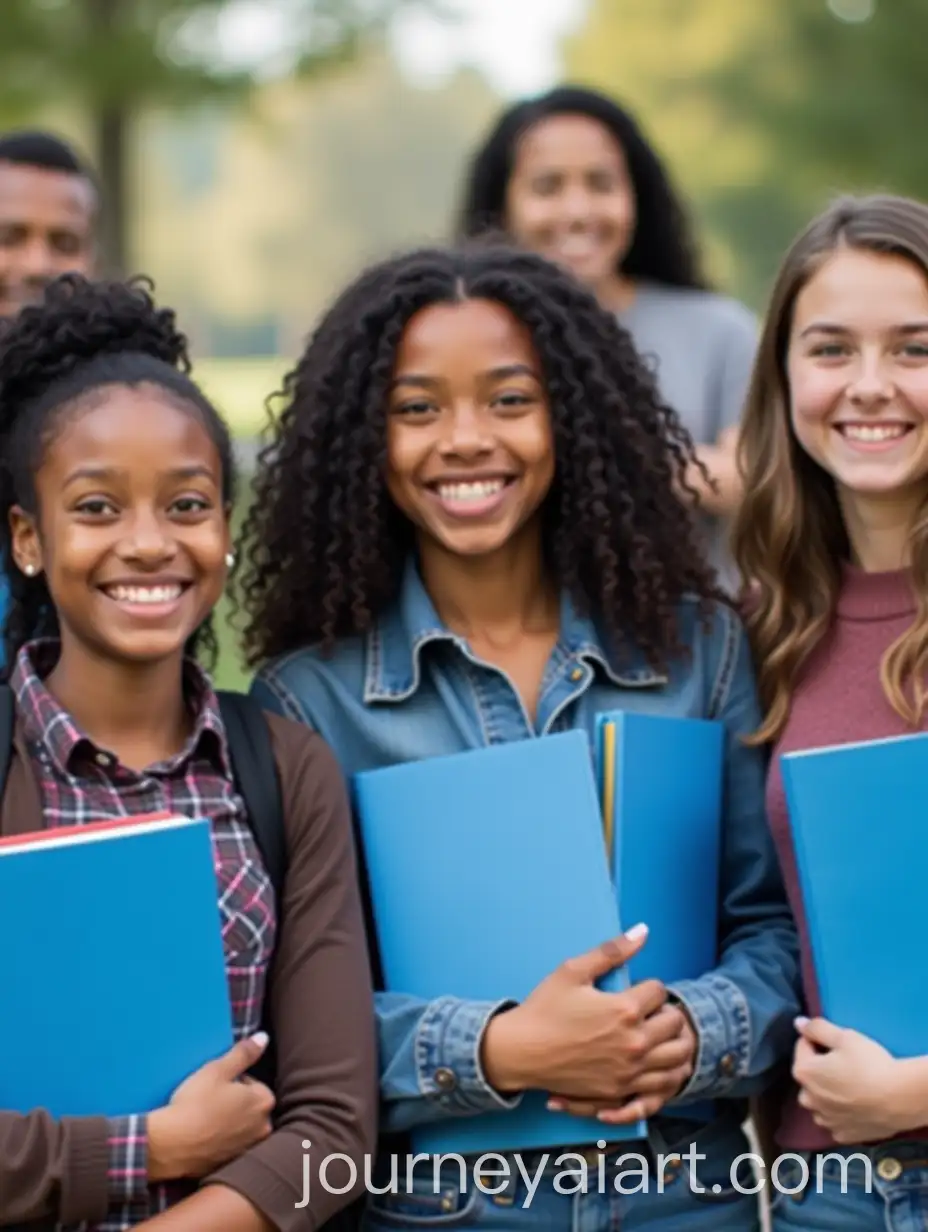 Group-of-Smiling-Students-Holding-Blue-Books-and-Notebooks