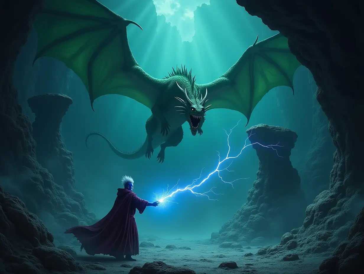 A dark gloomy scene in a cavern with floating rock plateaus in the air, a green dragon flying high above a man with blue skin and short white spiky hair wearing a robe, the man is shooting a lightning bolt out of his hand