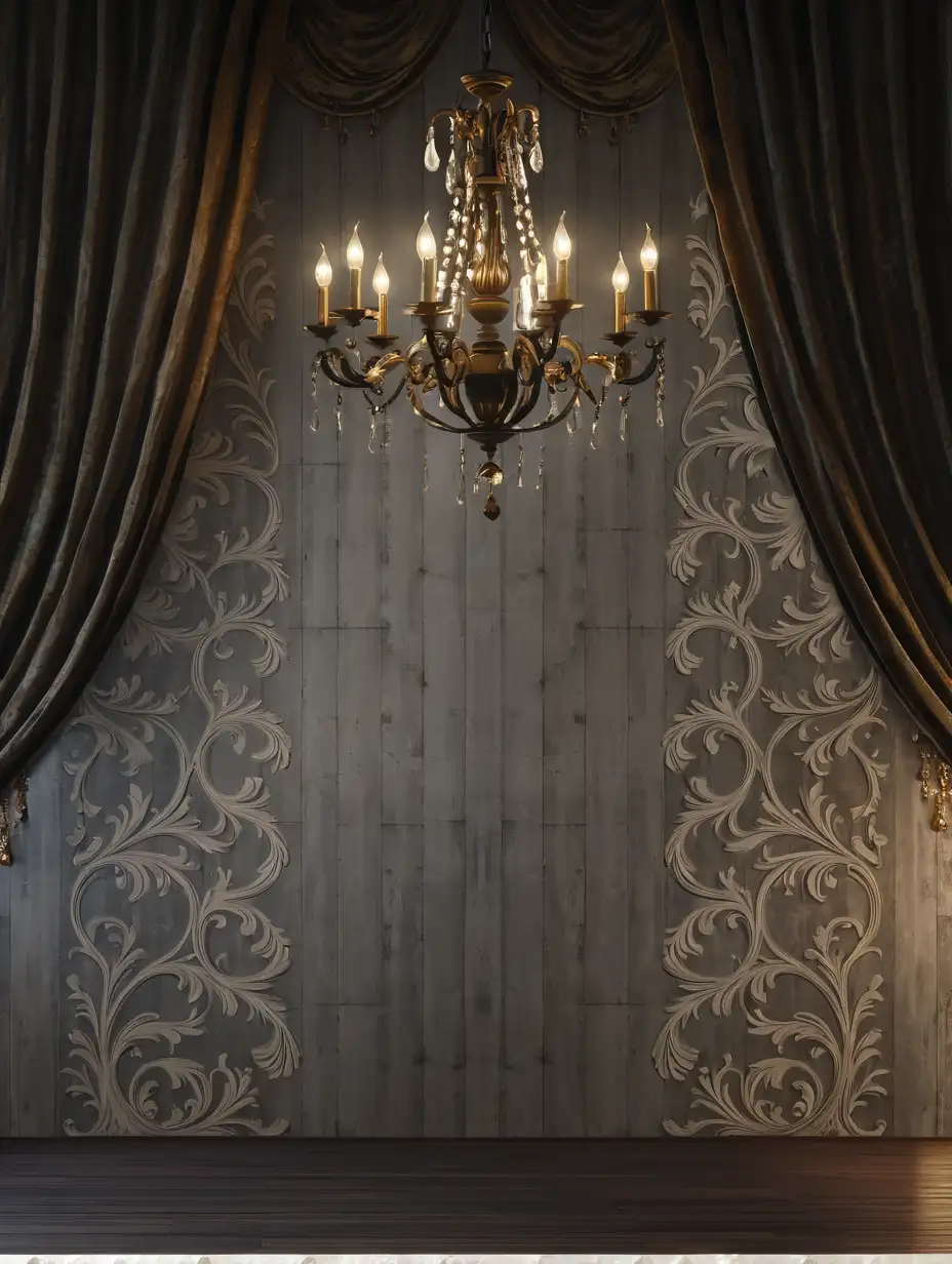 Antique Ornate Textured Background with Chandelier and Drapes