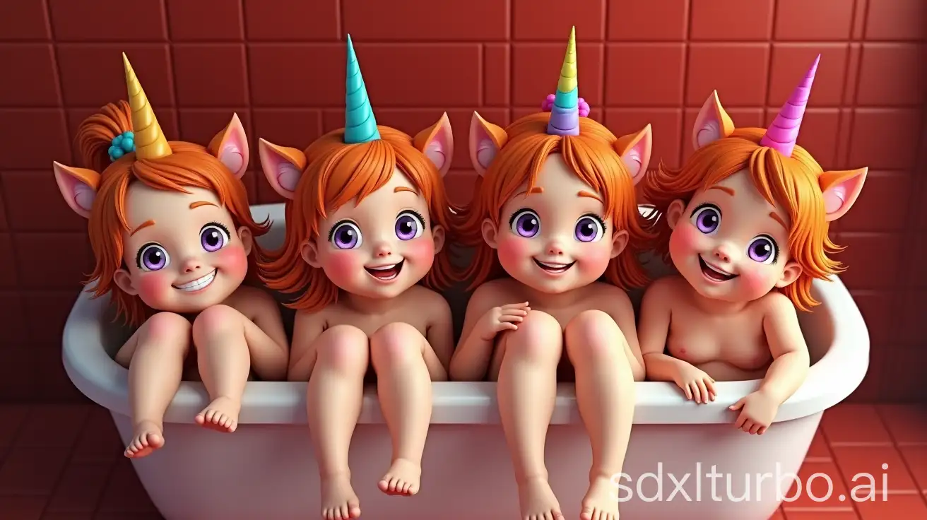 Group-of-4-Adorable-Redhead-Little-Girls-with-Rainbow-Hair-and-Unicorn-Horns-in-Preschool-Bathtub