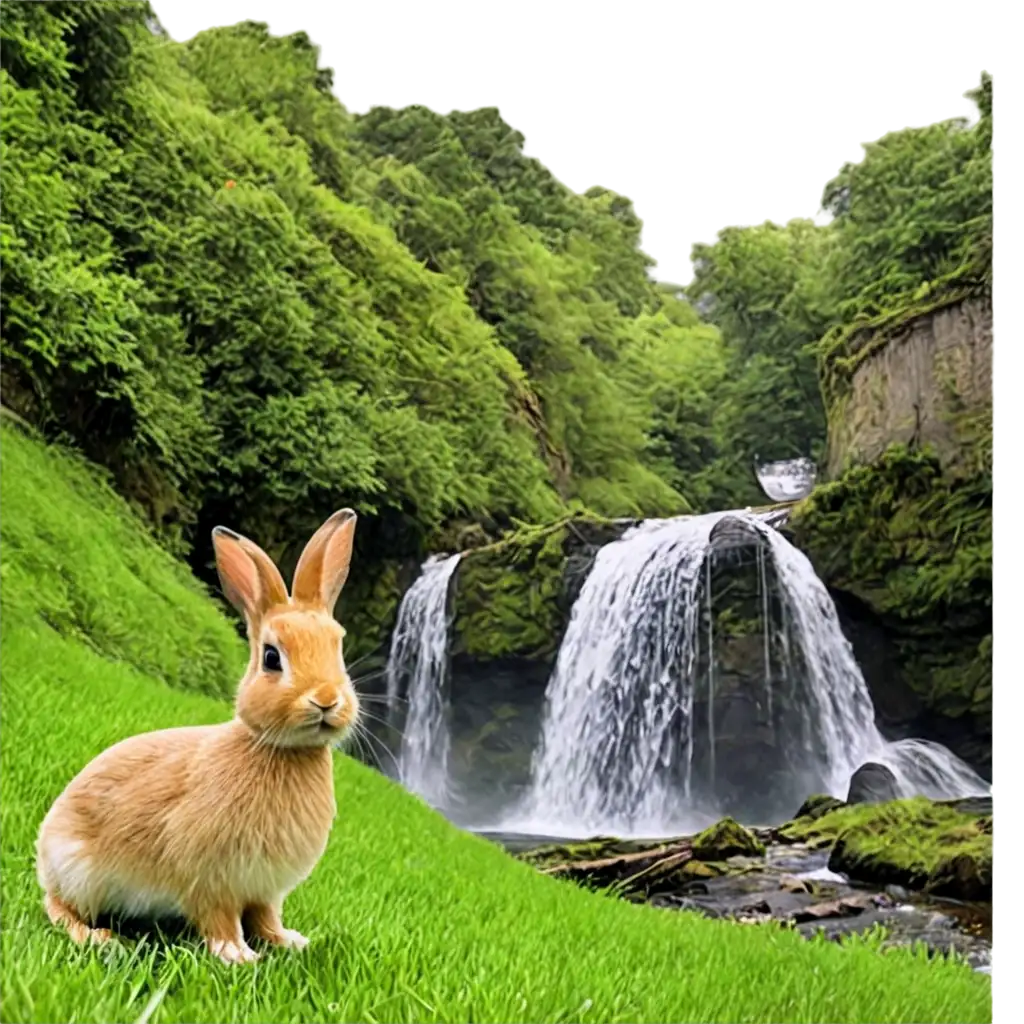 Stunning-PNG-Image-of-a-Rabbit-in-Grass-with-a-Bird-by-a-Waterfall