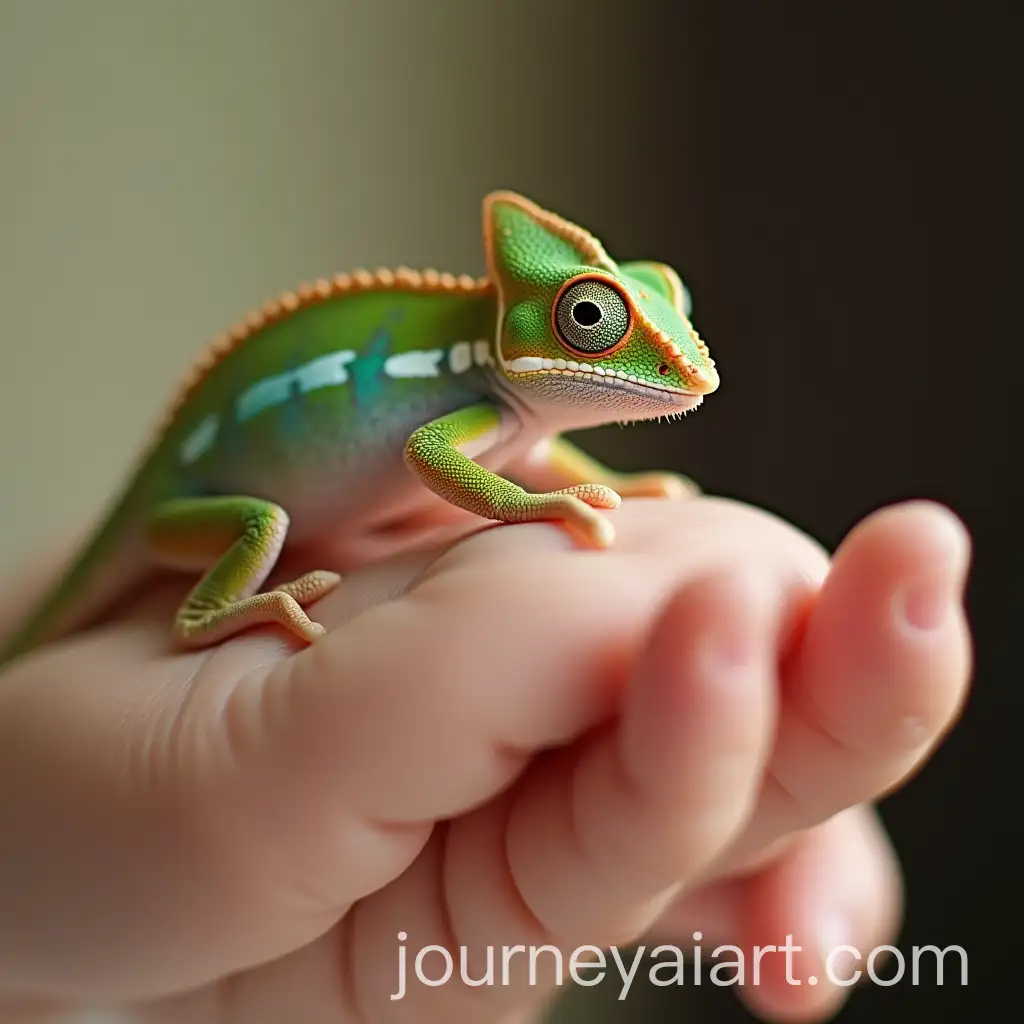 Tiny-Chameleon-Perched-on-Babys-Hand-with-Natural-Light