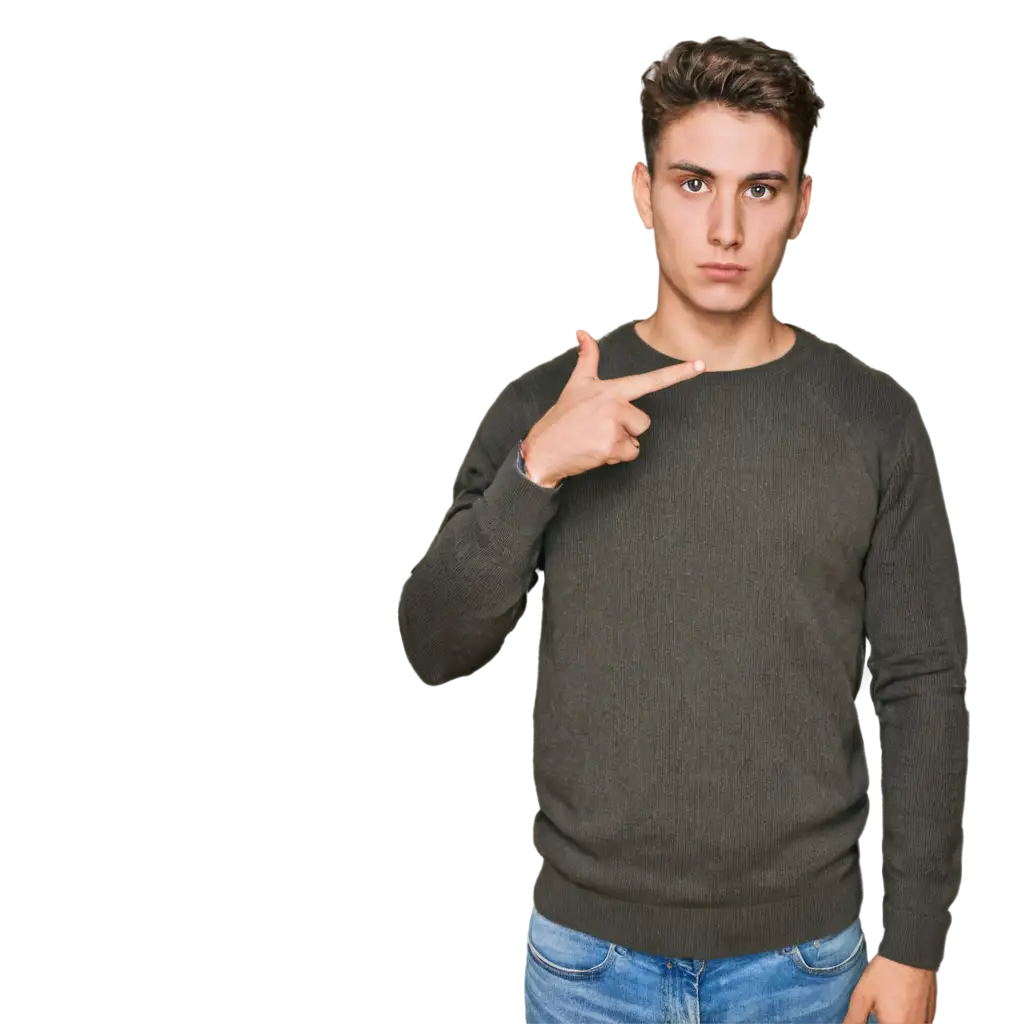 young man with a sad look pointing a finger