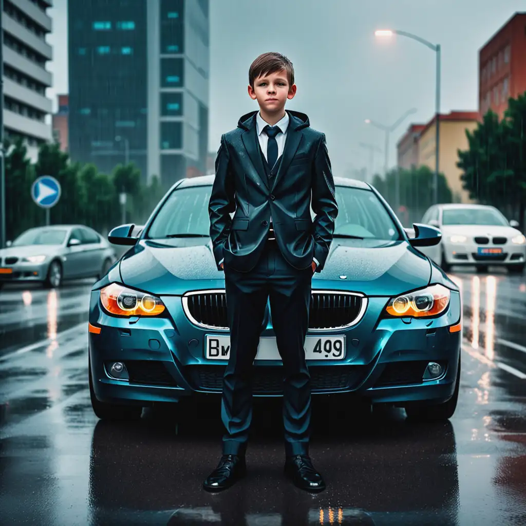 a handsome boy in a suit, stands by the hood of a BMW E 90, stopping on the road in front of a city in rainy weather