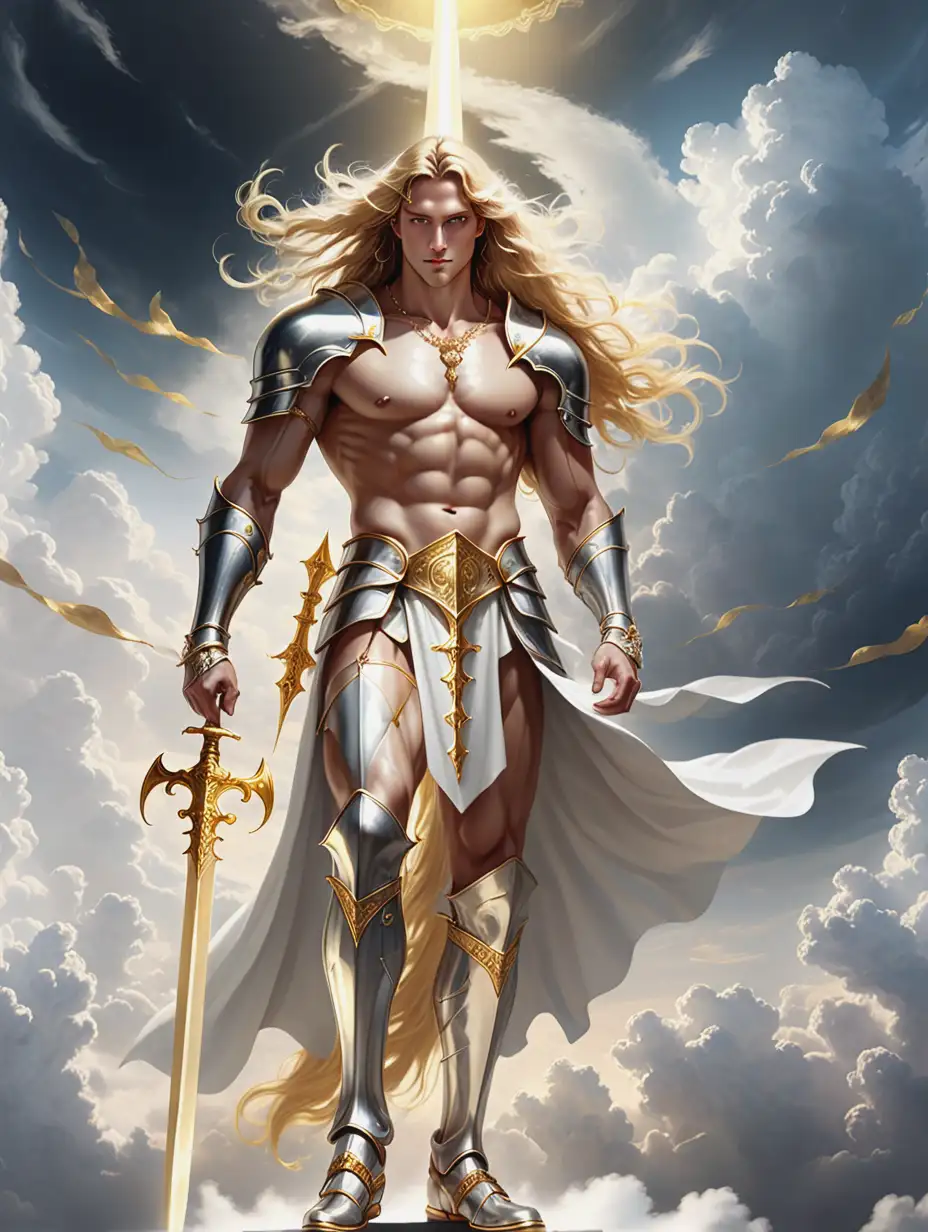 a handsome man, eyes emitting white light, wearing knight clothes and long golden hair, wearing silver shoes, bare chested, gold jewelry carrying a gold spear, on the clouds