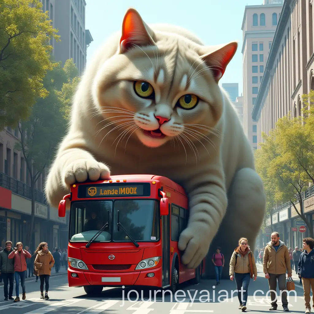 Giant-Cat-Playing-with-Red-Bus-in-Urban-Avenue-with-Passersby
