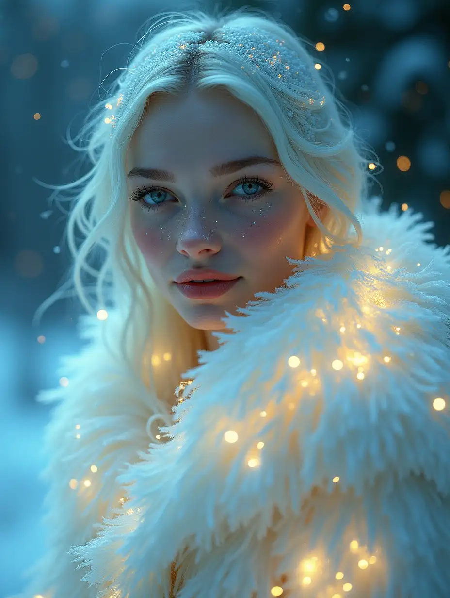 Glowing-Woman-in-Ornate-Fur-Outfit-with-Luminous-Snowflakes-in-a-Mystical-Christmas-Blizzard