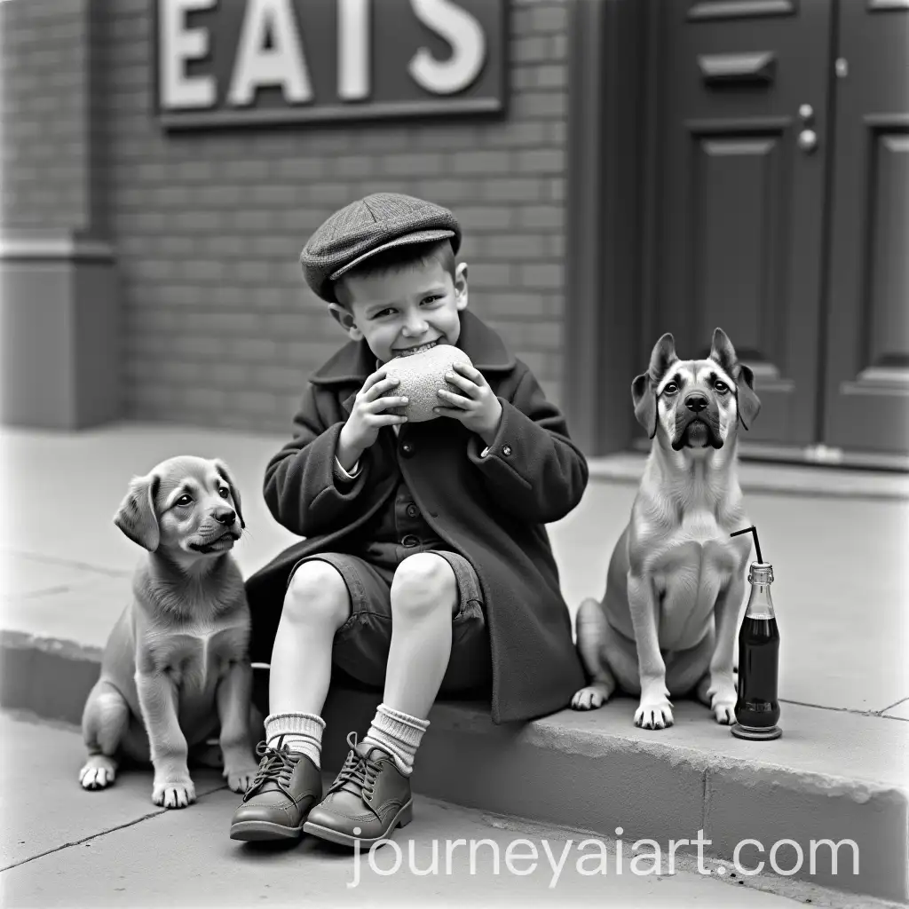 Young-Boy-Enjoying-Sandwich-with-Puppy-on-Urban-Curb-in-Vintage-Photo