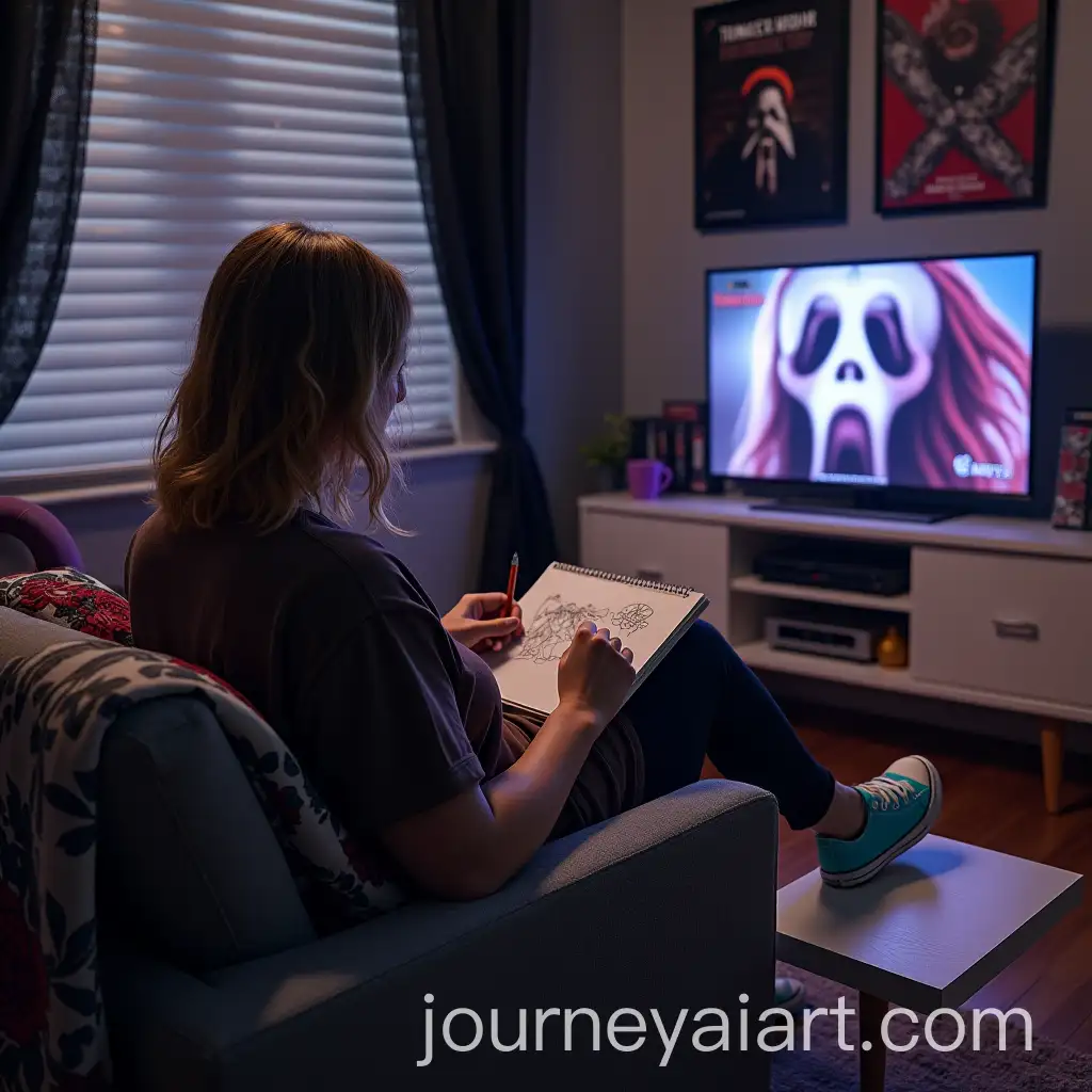 Woman-Relaxing-in-CozyAI-Art-Prompt-Expansion-HorrorThemed-Room-Sketching-Roses-with-Cinematic-Lighting