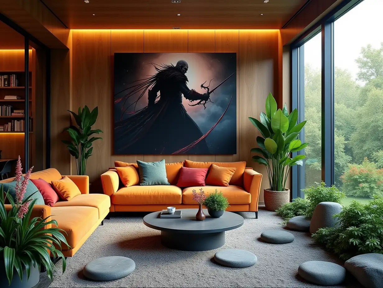 Large modern living room lighting with colorful furniture many plants (lilies)with Demon Slayer image on the wall Zen garden with carefully tended rocks, a meditative 180 degree shot 8K resolution Colorful