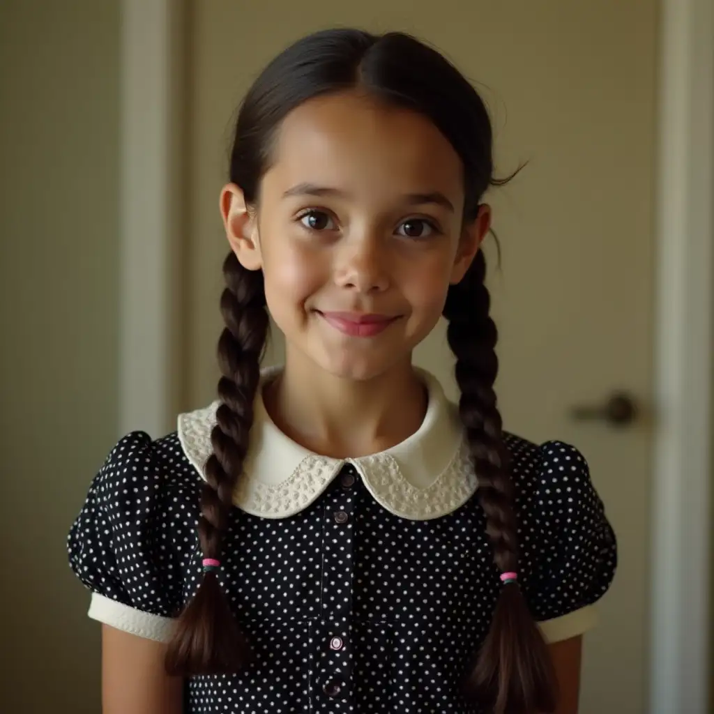 jenny ortega in pigtails with vintage black swing dress with polka dots and a white collar neck