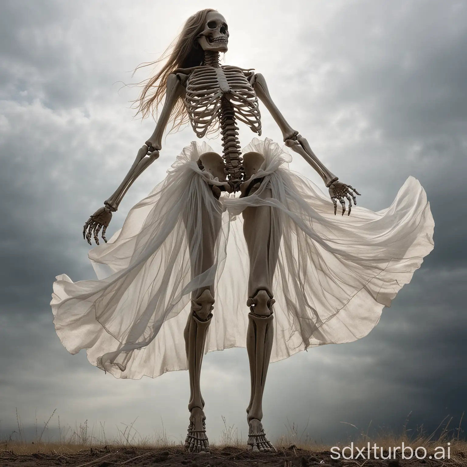 Human skeleton, standing position, hands covering skirt billowing in the wind, revealing part of the thighs, and making a shy appearance