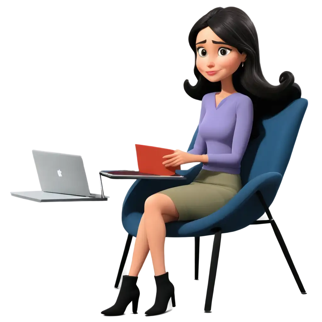 a cartoon woman with dark hair sitting and watching television