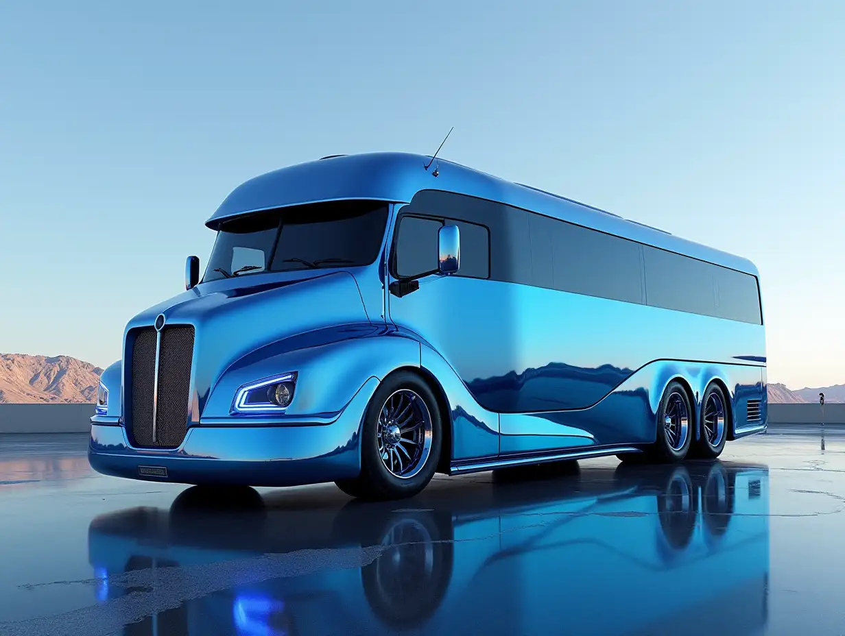 Super modern Silver Blue Bus with 12 aluminum wheels Cyberpunk