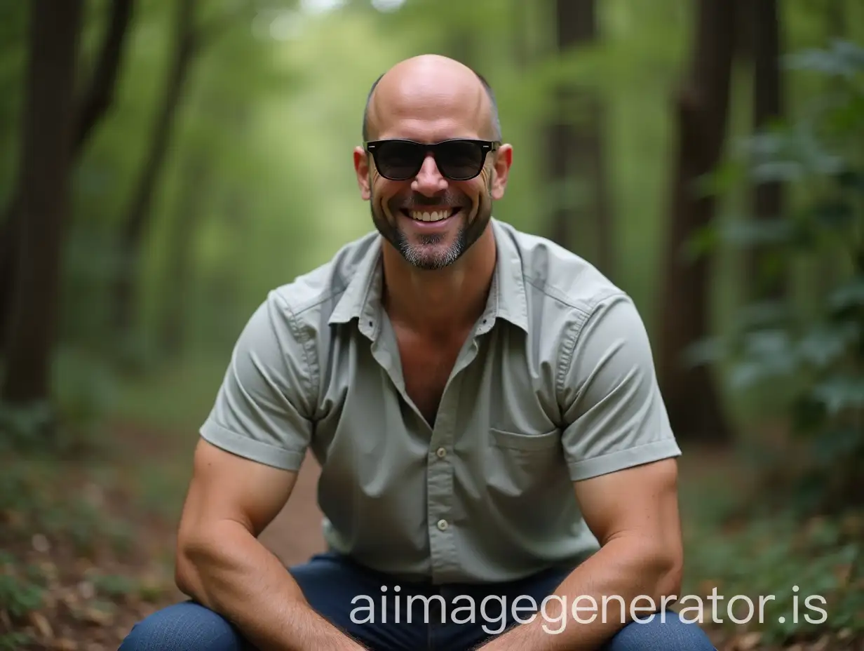 Bald man sitting confidently with sunglasses on, forest background, smiling, adult and with a muscular build, but with a shirt on