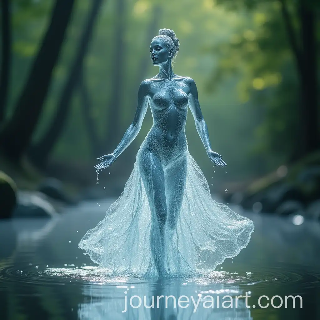 Dancing-Water-Figure-in-Cascading-Gown-Over-Reflective-Surface-with-Forest-Background