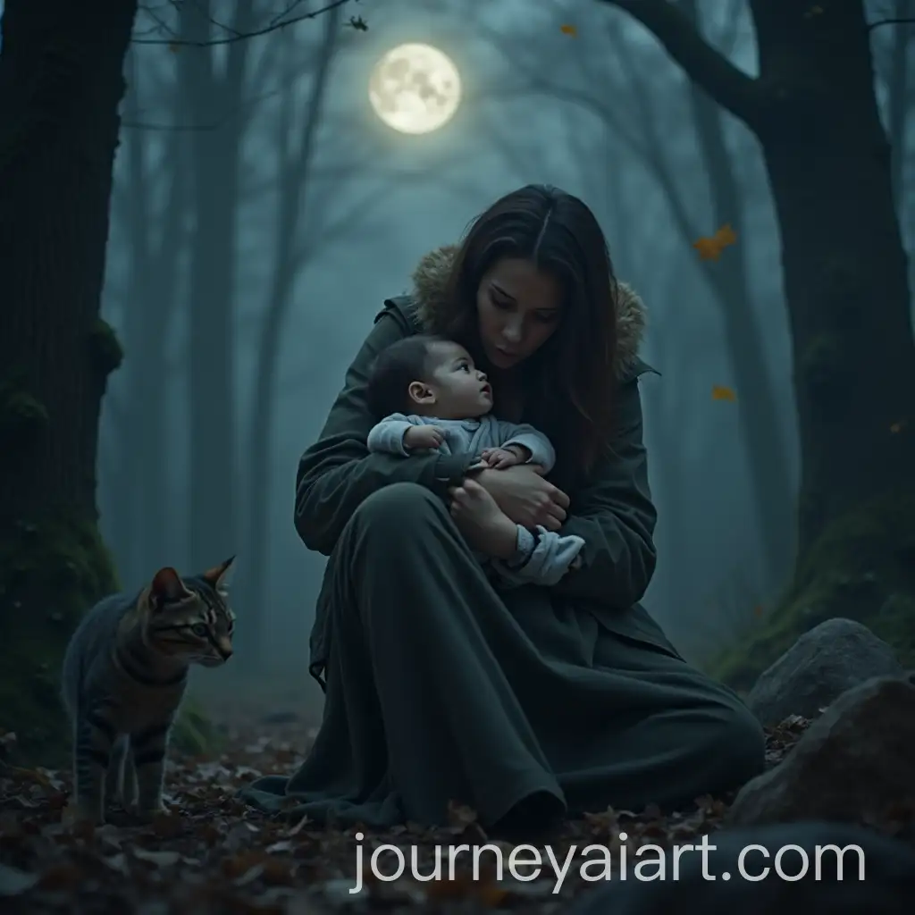 Worried-Mother-Holding-Her-Weak-Baby-in-a-Misty-Forest-with-a-Brave-Cat-Watching