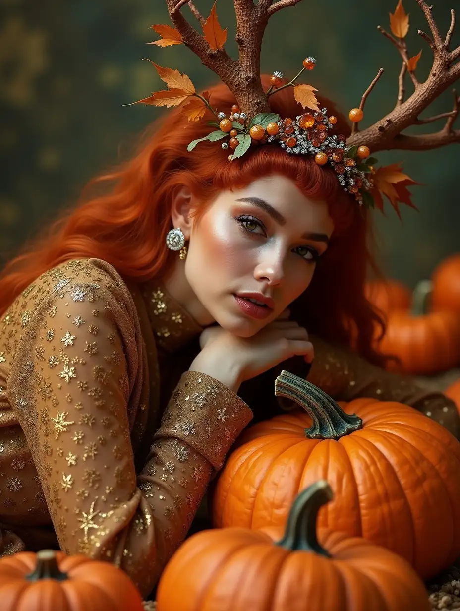 White-orange splashes, Prima woman, dynamic pose, lying leaning on a pumpkin, sitting with a pumpkin, pumpkin pieces, unusual brown and gold outfit, deer horns decorated with cubic zirconia and beads in red hair, rowan and autumn leaf ornaments, eclecticism, Halloween, gold dust, neofolk, Zuhair Murad, High fashion, magic, art photography, fantastic accessories made of pumpkin pieces and tree branches, massive amber jewelry, high detail, contrast, sharpness +100, focusing on the eyes, body contour and face