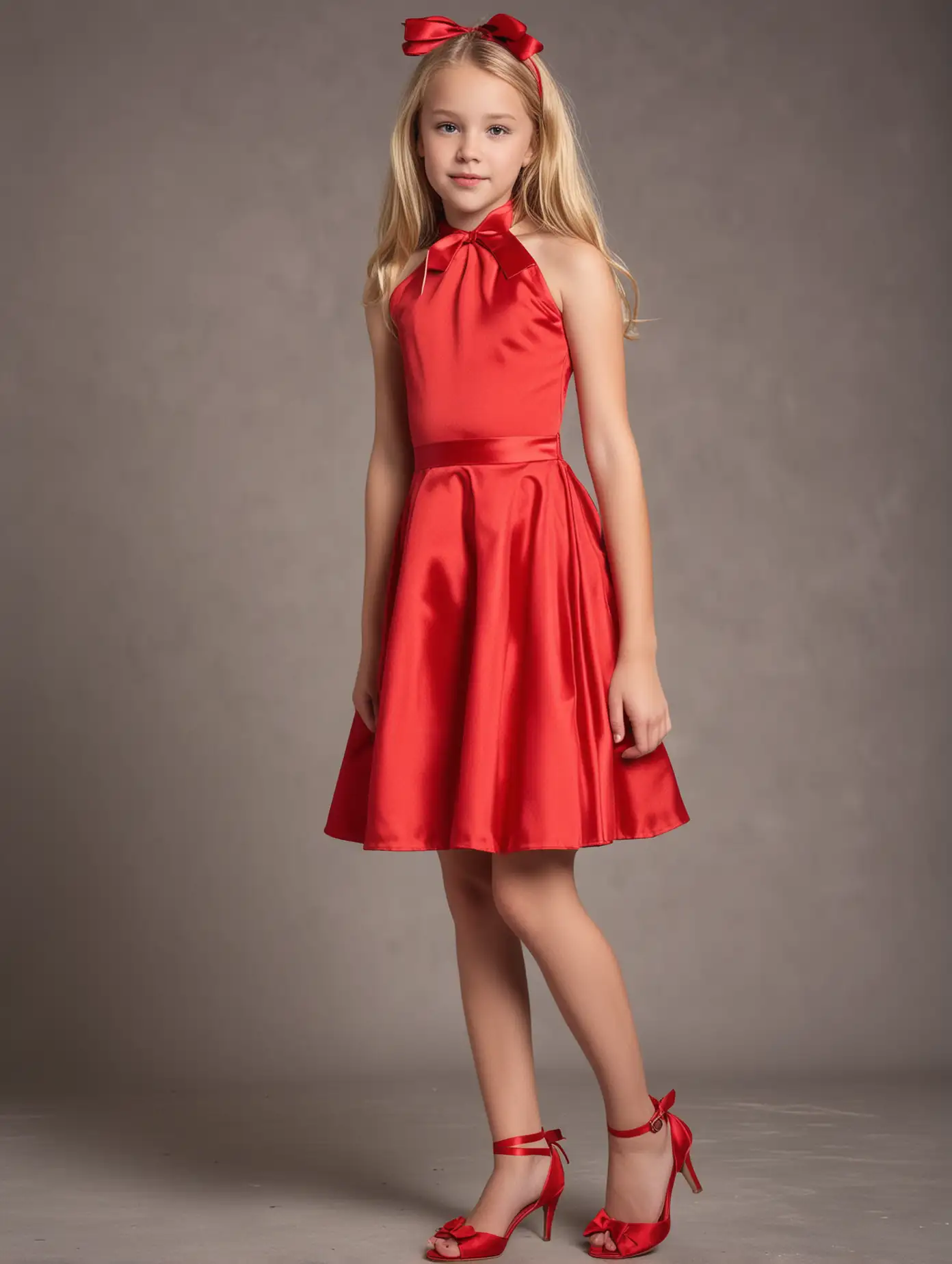 Cute petite blonde tween in elegant long red dress wearing a choker necklace and high heels with a ribbon in her hair