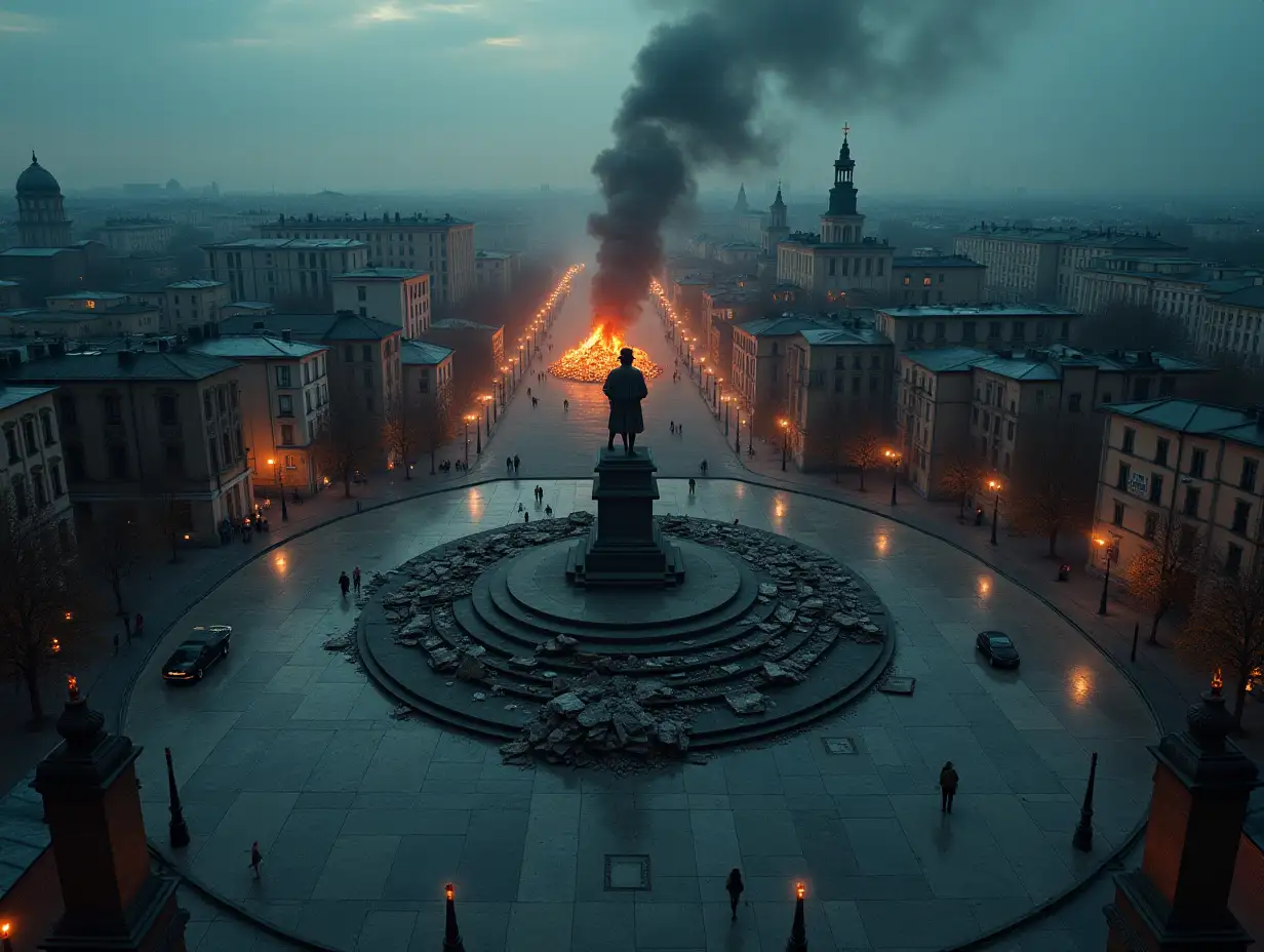 High Angle. A city of eastern Europe in the style of dystopia. Dark buildings. City square, no people in it. In the centre is a destroyed monument to Pushkin, the statue is lying on the ground. In the background burning fires of stacked books.