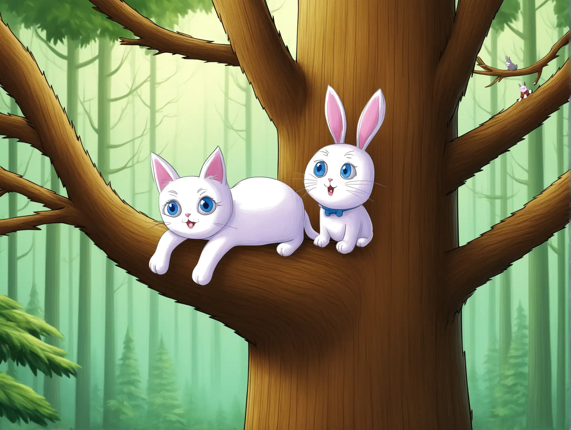 White Clara the Cat and Benny the Bunny on the Tallest Forest Tree Branch