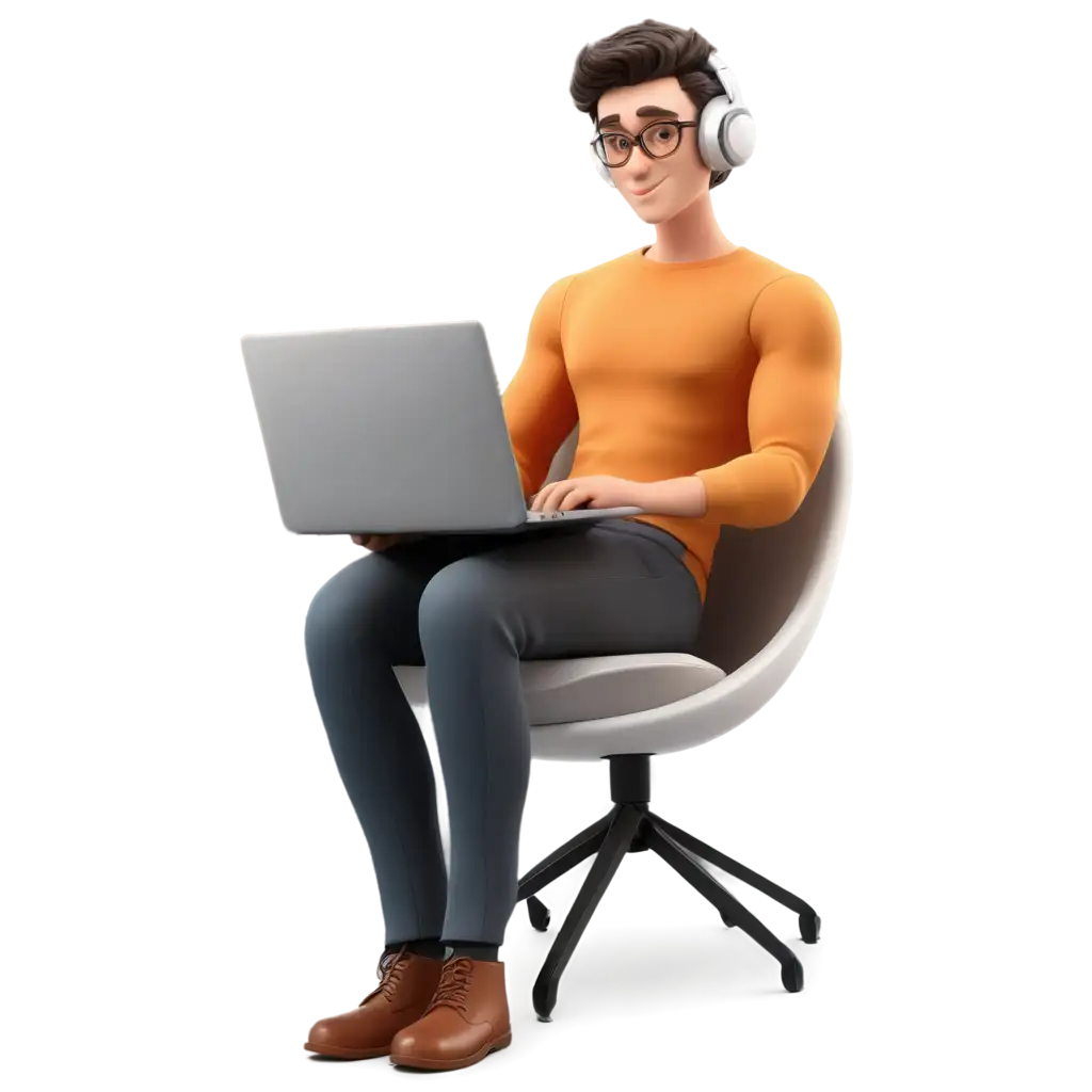 3D-Character-Man-Sitting-in-Spherical-Chair-with-Laptop-PNG-Illustration