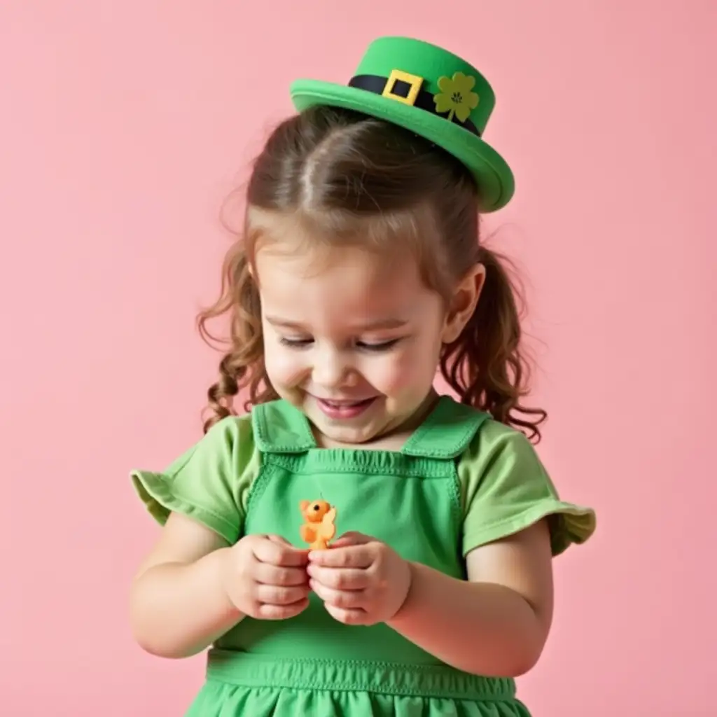 A little girl wearing St. Patrick's Day clothes, carefully holding small accessories with both hands, with a pure pink background behind her.