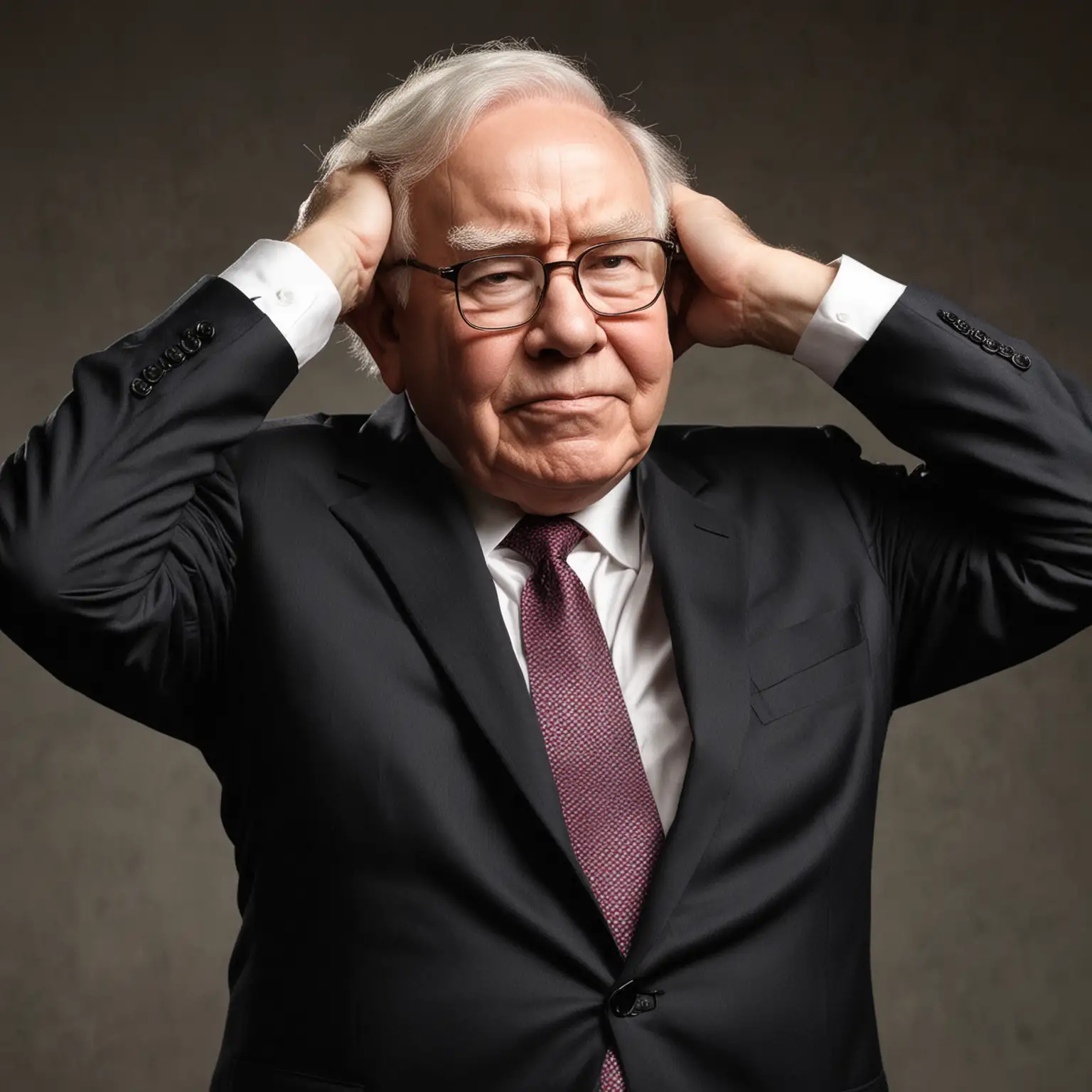 Warren Buffett Worried Expression Hands on Head