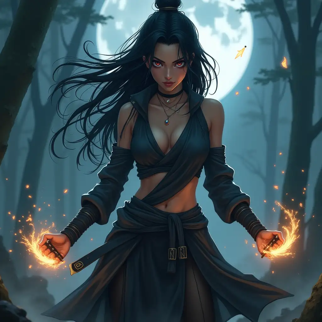 Beautiful kunoichi with sharp eyes, flowing hair, and a sleek ninja outfit with a deep neckline. She holds glowing magical shurikens, ready for battle. Set in a moonlit forest or misty battlefield, radiating power and allure.