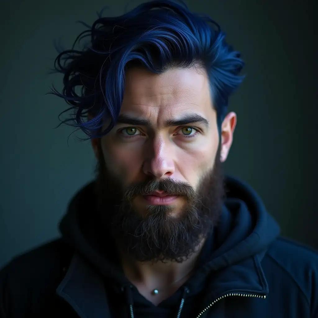 a man with dark blue hair, a beard, fantasy portrait, fixed gaze at camera