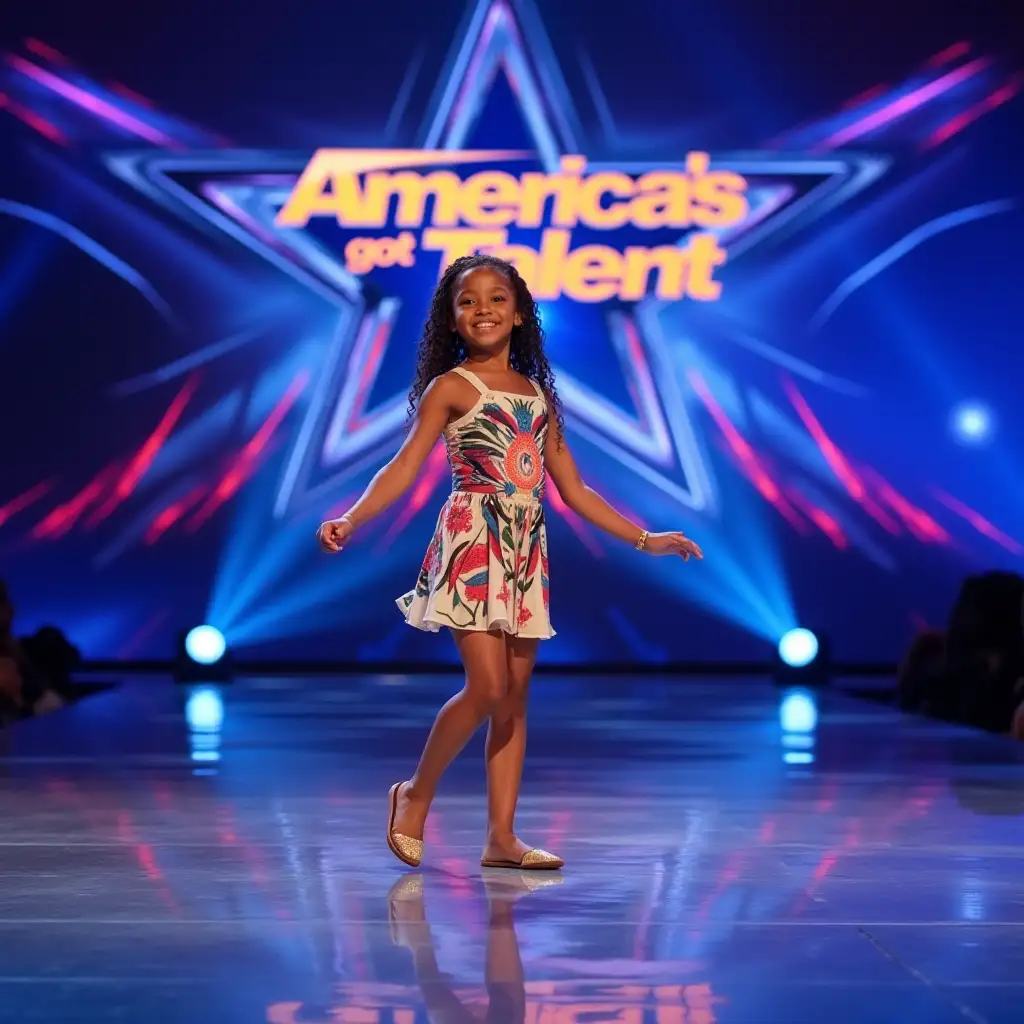 A young girl, around 6 years old, performing confidently on a modern stage with an 'America's Got Talent' banner in the background. She is wearing a colorful outfit with artistic designs, showcasing her creativity. The background features dynamic geometric light patterns, enhancing the modern and vibrant atmosphere of the performance. The focus is on her smooth movements and radiant presence as she captivates the audience with her powerful dance routine