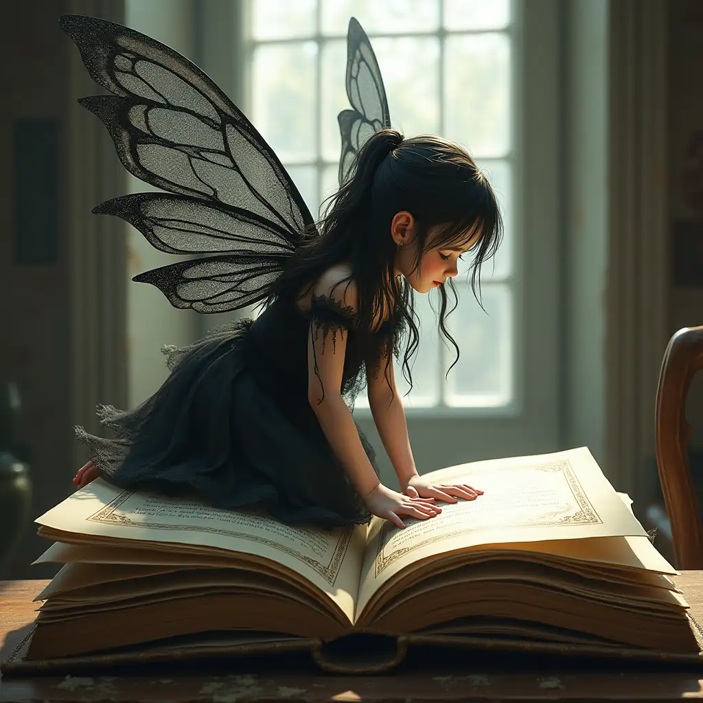 An hyperdetailed, hyperrealistic illustration of a gorgeous dark fairy, clothed in dripping black ink, hovering above the pages of an ((ancient-looking book)), looking down onto its pages from the air. Translucent wings sparkle in the sunlight trickling in through a nearby window. The book, once elegant and luxurious, now slightly weathered and covered in dust, gives off a nostalgic air, reminiscent of a (fairytale) come to life. The fairy's skin is almost translucent, and she has a (playful expression), as if caught in a moment of (amusement). The overall effect is one of (fantasy and folklore) blended together, reflecting a (modern take on traditional styles) that suits the (digital age)