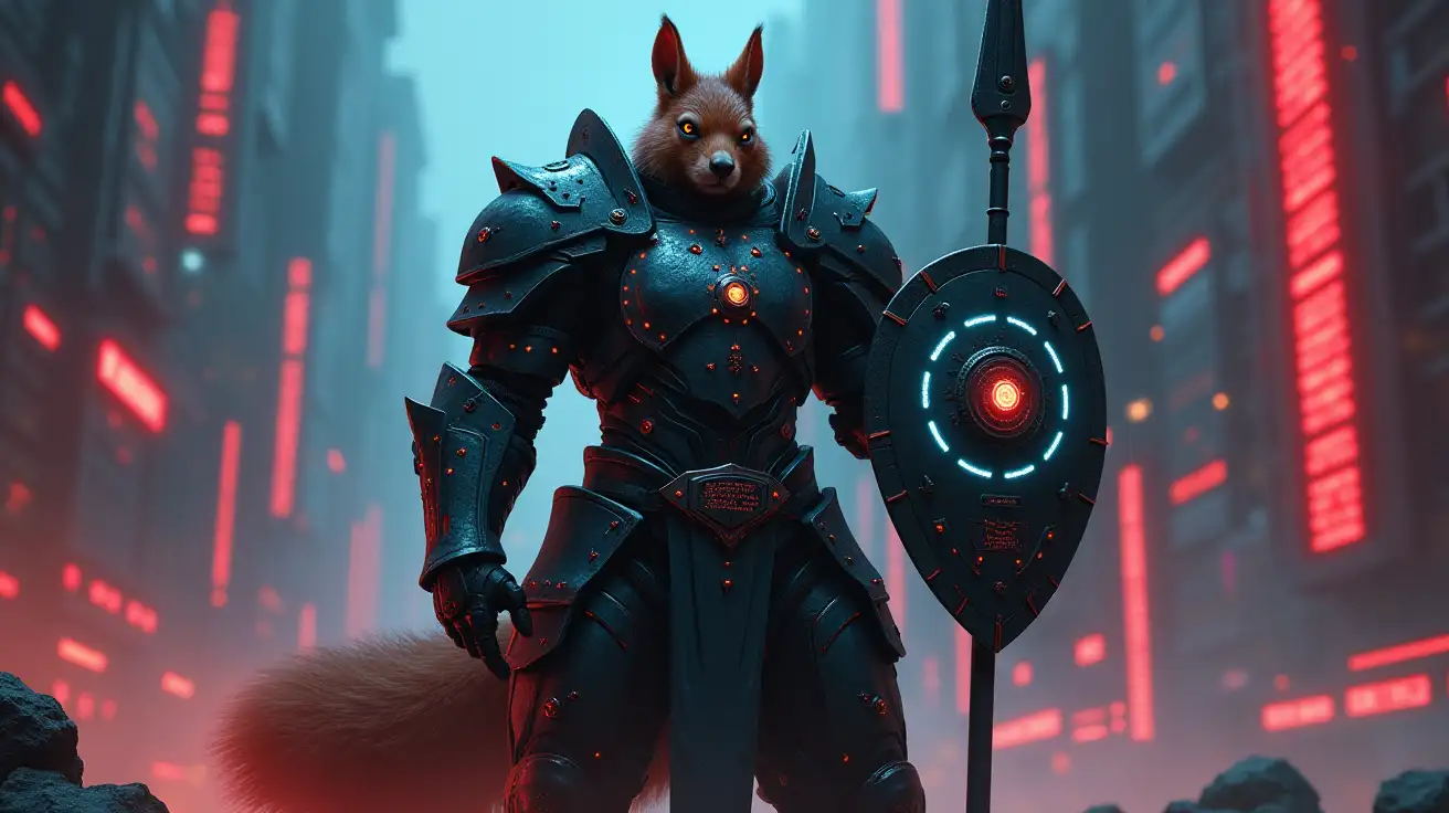 A dark, dystopian digital battlefield lit by flickering red and blue light. At its center stands a grim, cybernetic squirrel-knight — humanoid, fully armored in heavy, battle-worn plate. His silhouette is imposing, his armor forged from dark alloys with embedded glowing circuitry and pulse-lines tracing cryptographic runes. His face is stern and intense: humanoid with short reddish fur, high cheekbones, round ears, and piercing eyes that glow faintly with synthetic augmentation. A heavy, armored bushy tail emerges behind him, swaying like a balance of ancient instinct and engineered power.nIn his left arm, a massive cyber-shield — a tower of reactive alloy inscribed with a glowing eye-in-hexagon emblem, flickering with firewall glyphs. In his right hand, a long, brutal spear of black steel and energy cores, its tip humming with raw charge. His stance is powerful and coldly precise — a sentinel forged for digital war.nAround him, the world fractures: glowing hexagonal tiles float mid-air, corrupted code drifts like ash, and data towers burn with static. The sky is a vertical cascade of failing security layers and red-alert signals. He stands in defiance — not a hero, but a weapon of honorable vengeance in a realm of collapsing systems.