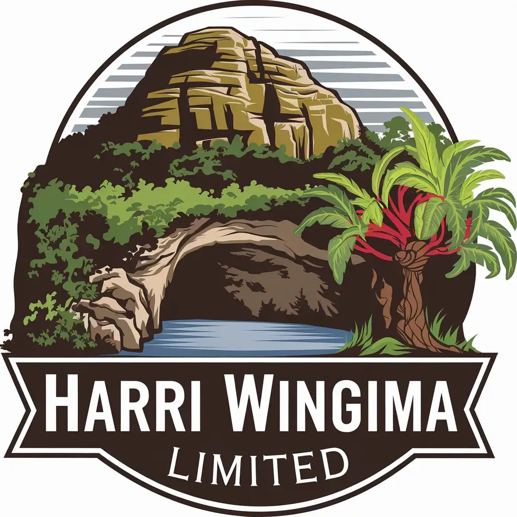 LOGO Design for Harri WINGIMA Limited Vector Cartoon Logo Featuring Majestic Hill Tranquil Cave and Vibrant Breadfruit Tree