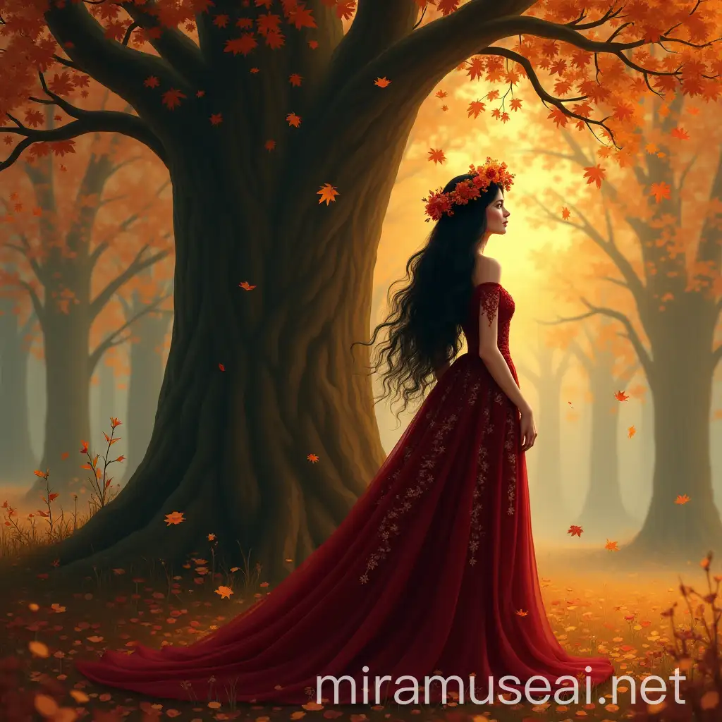 Autumn Queen Standing Beneath Ancient Oak Tree in Enchanted Forest