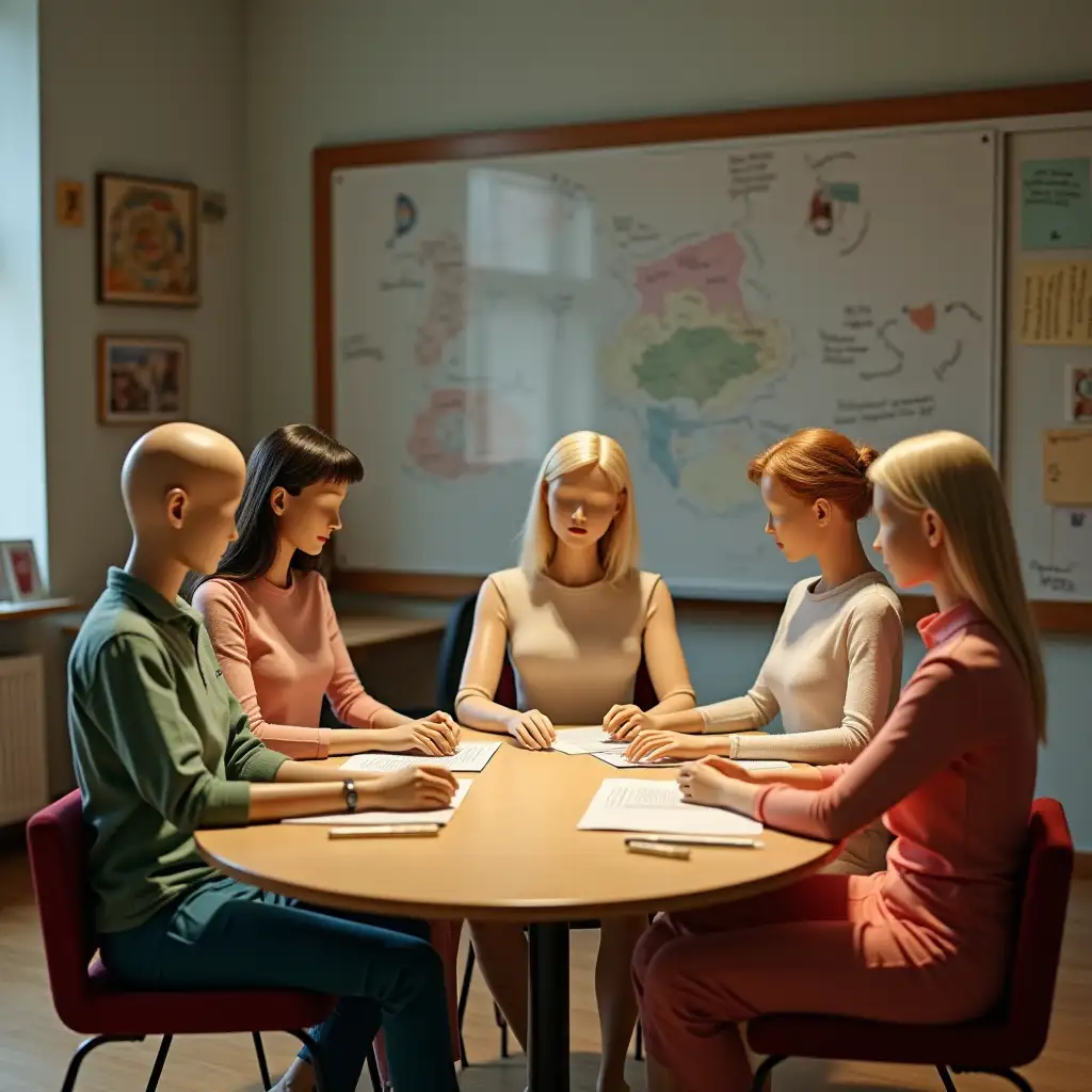 Methodical union of elementary school teachers, mannequins sitting around a round table discussing something