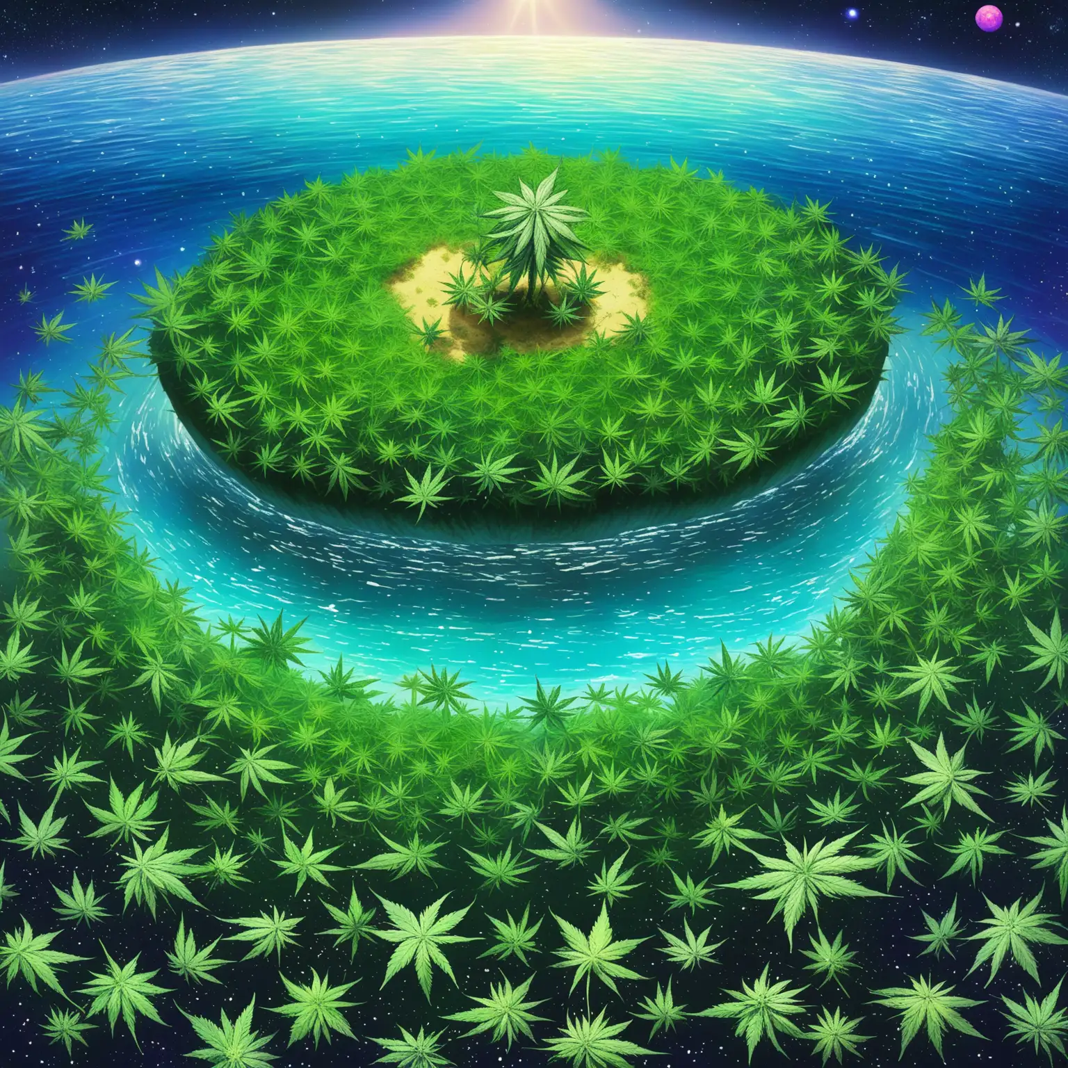 marijuana field oasis island floating in ocean of cosmos